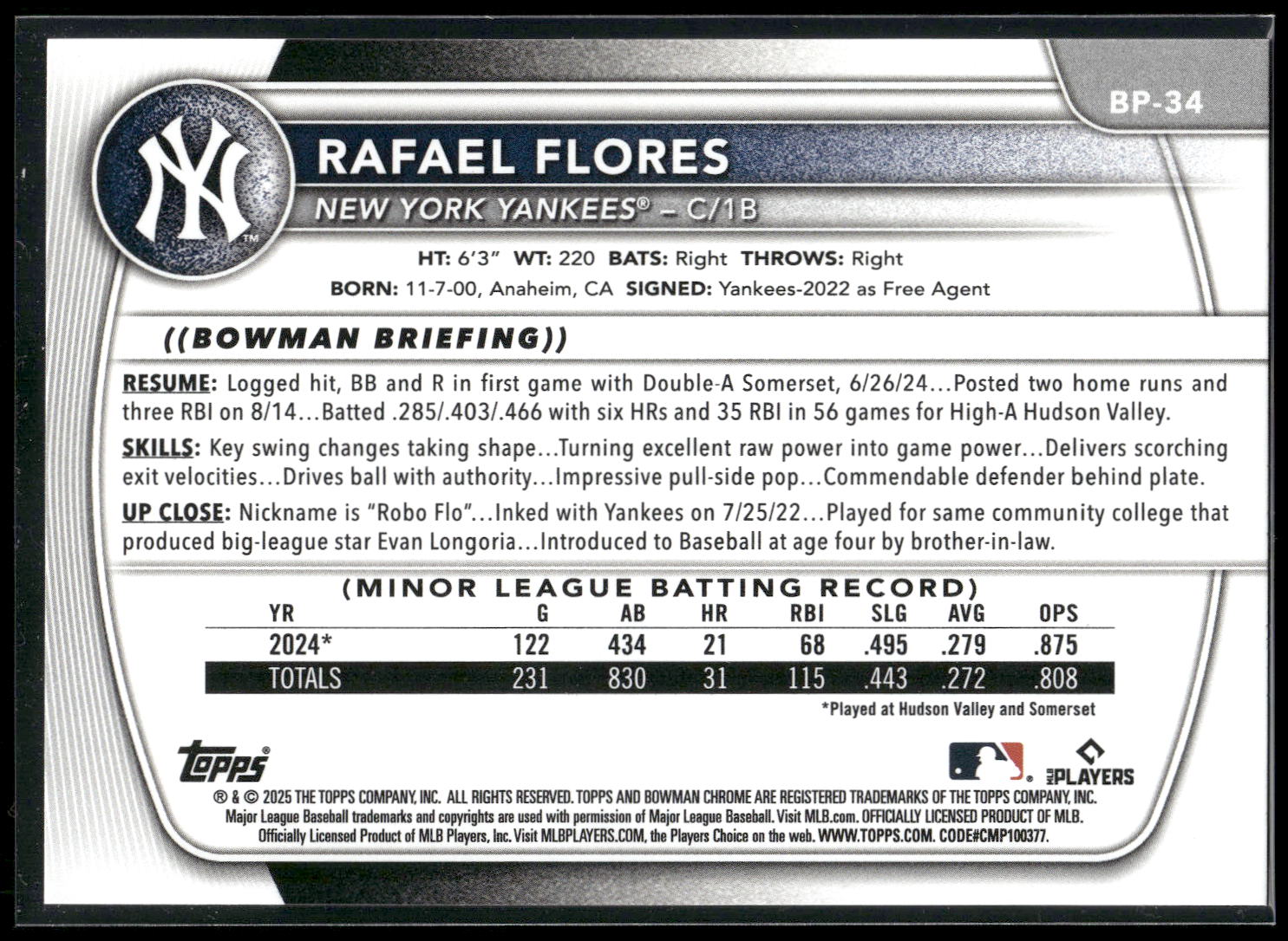2025 Bowman #BP-34 Rafael Flores Prospects
