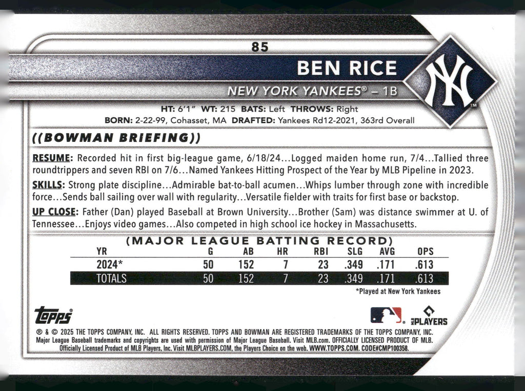2025 Bowman #85 Ben Rice
