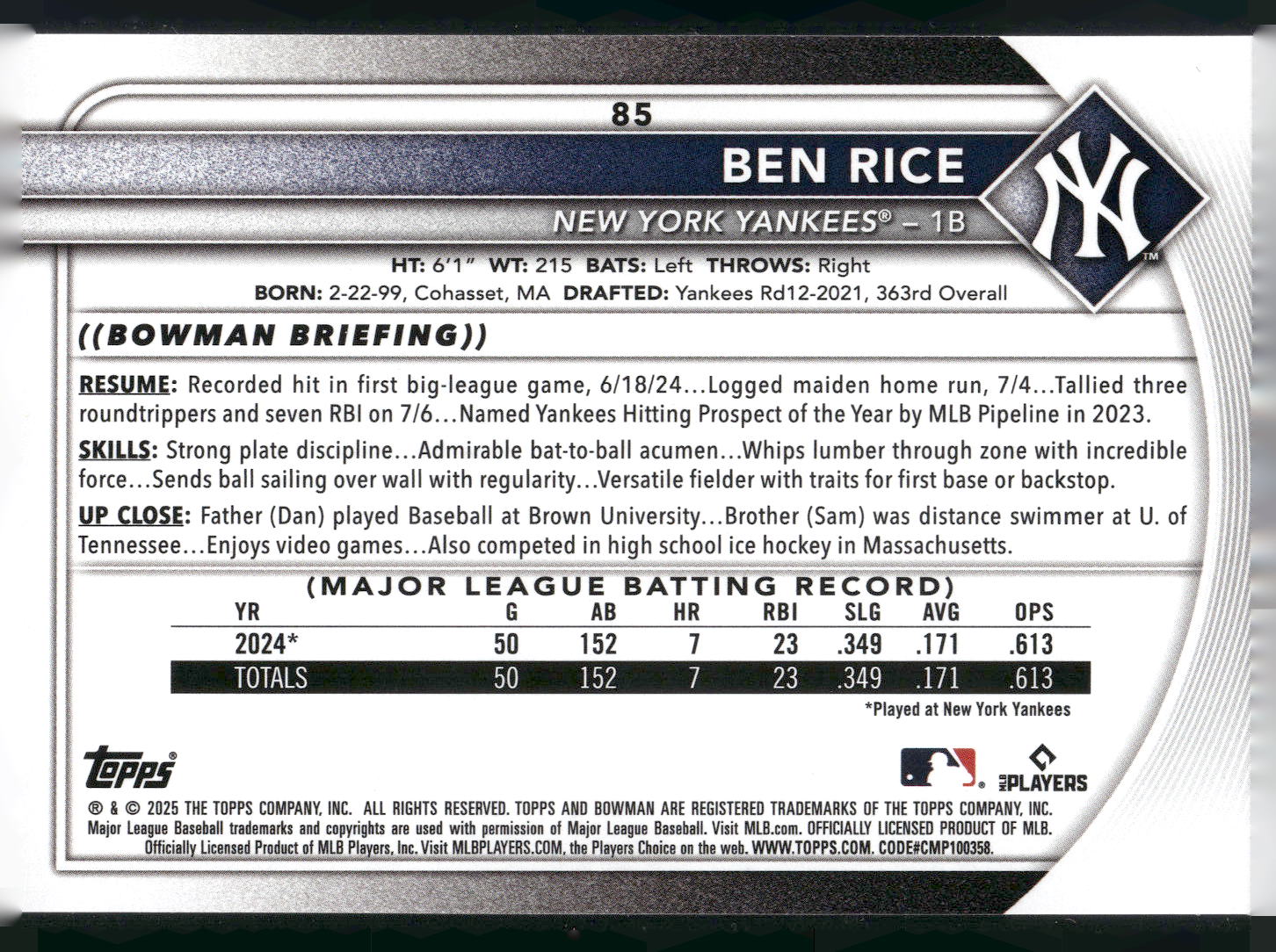 2025 Bowman #85 Ben Rice