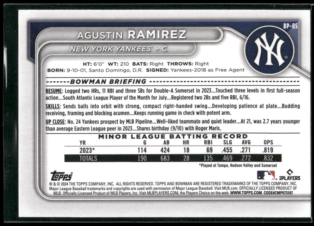 2024 Bowman #BP-85 Agustin Ramirez Prospects