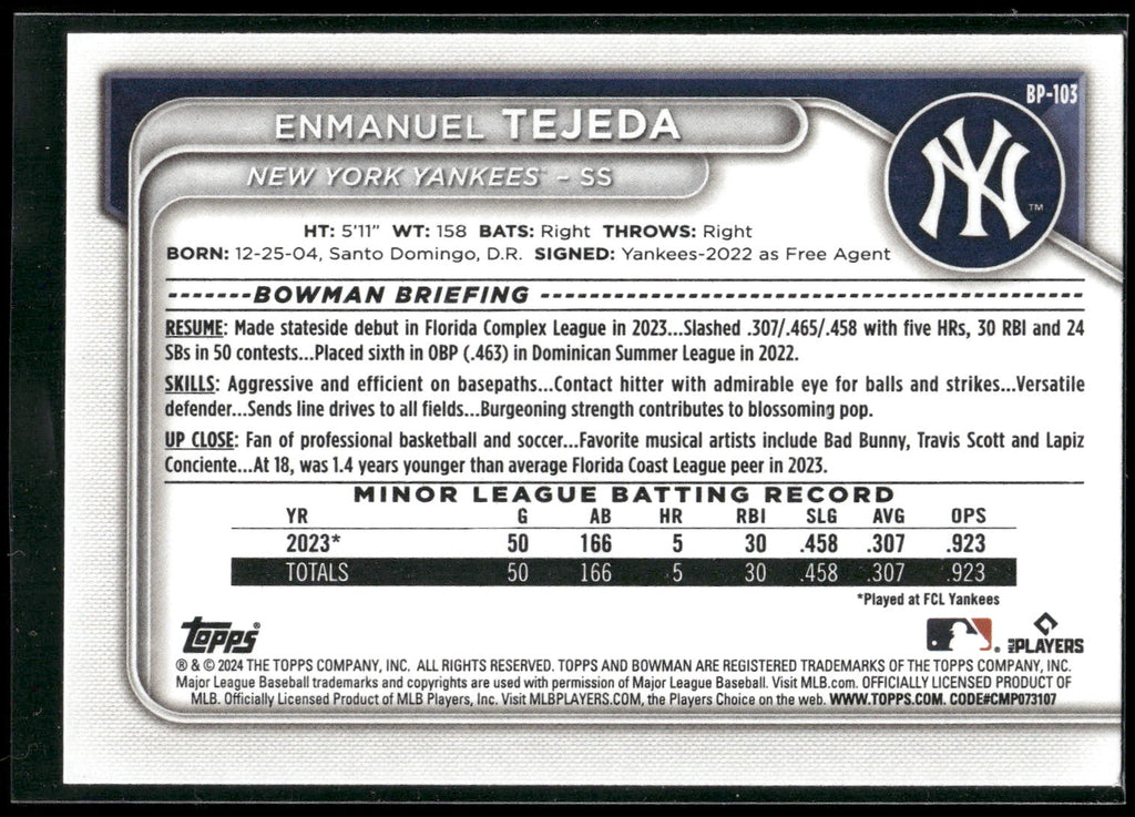 2024 Bowman #BP-103 Enmanuel Tejeda Prospects