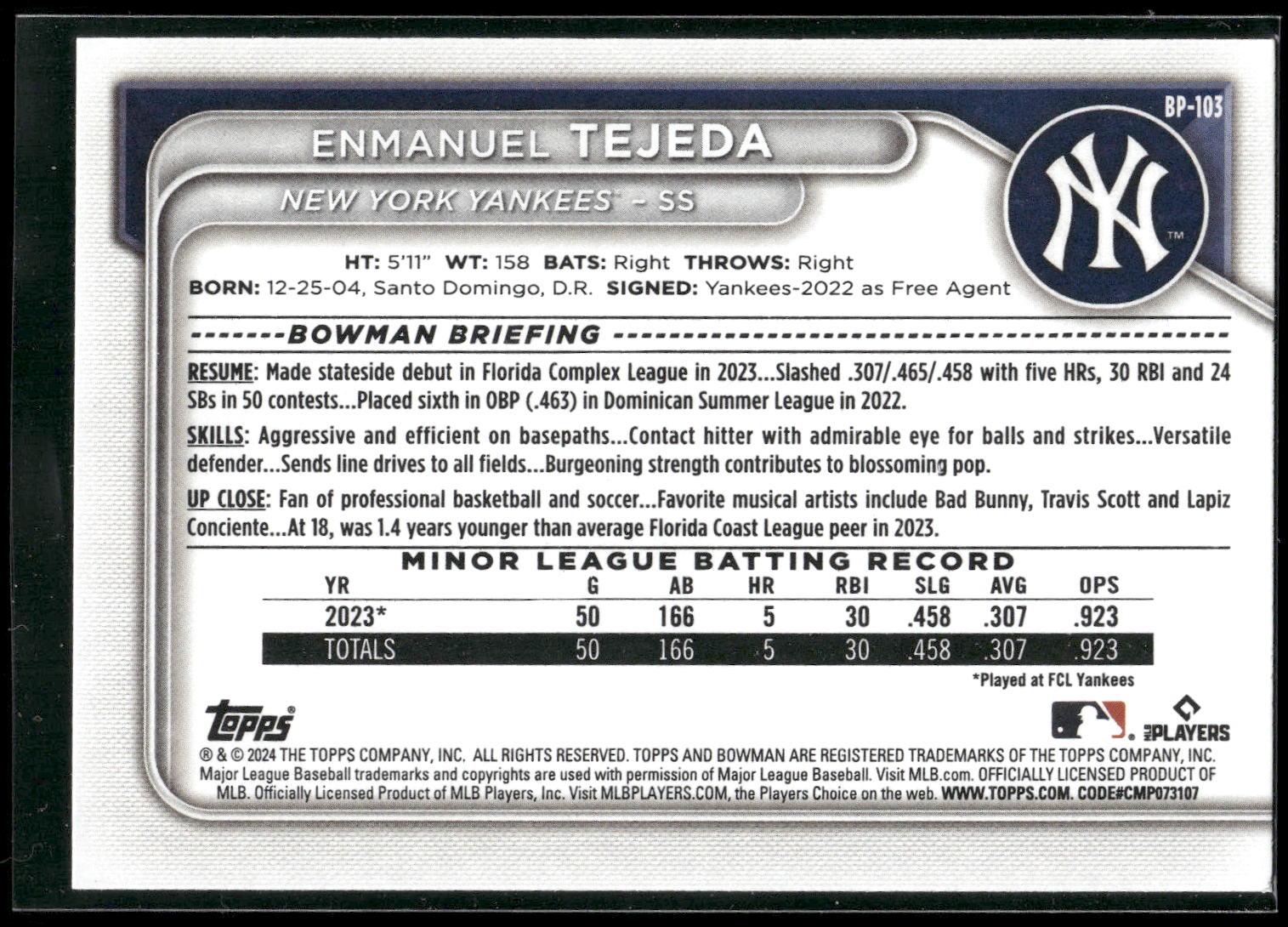 2024 Bowman #BP-103 Enmanuel Tejeda Prospects
