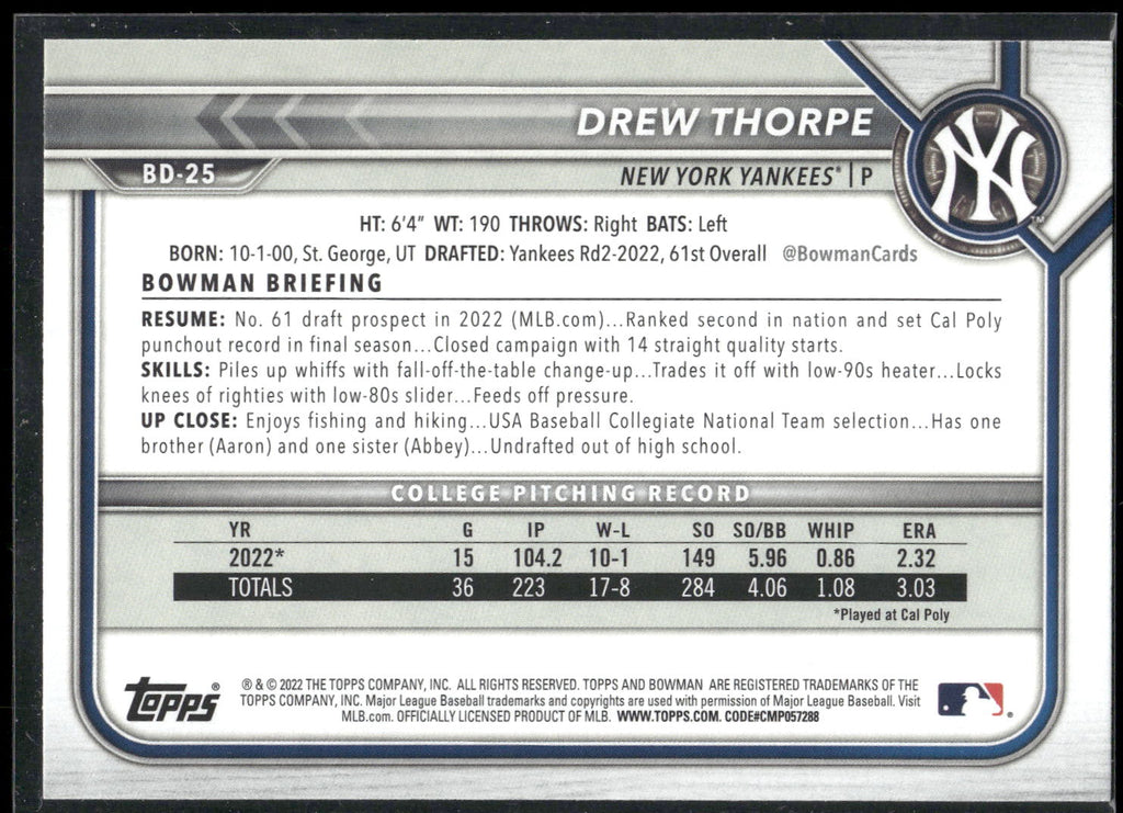 2022 Bowman Draft #BD-25 Drew Thorpe