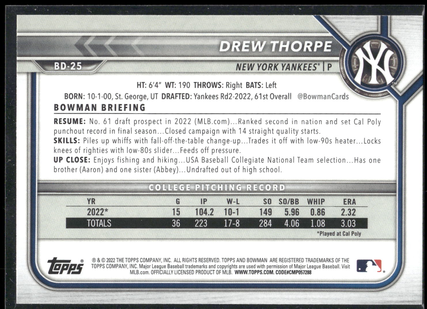 2022 Bowman Draft #BD-25 Drew Thorpe
