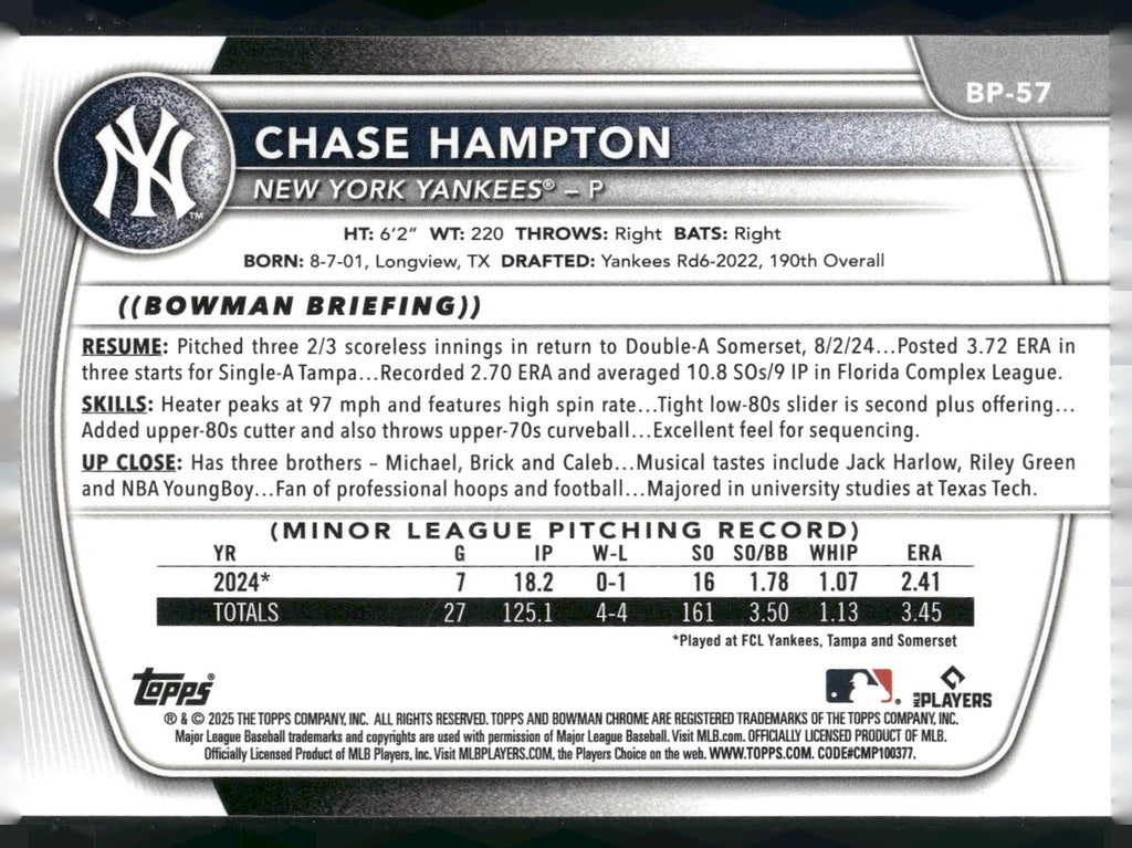 2025 Bowman #BP-57 Chase Hampton Prospects
