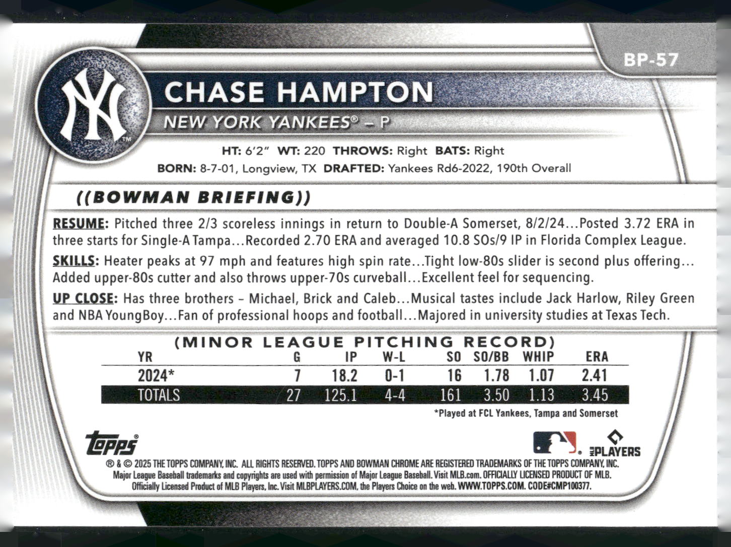 2025 Bowman #BP-57 Chase Hampton Prospects
