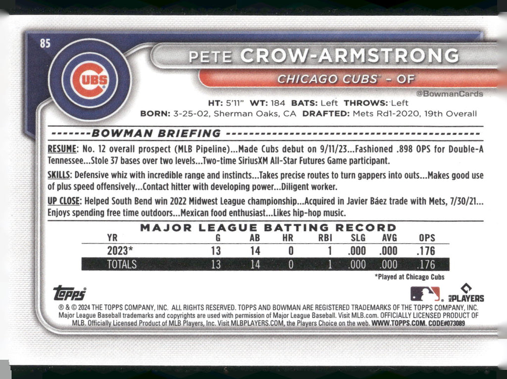 2024 Bowman #85 Pete Crow-Armstrong