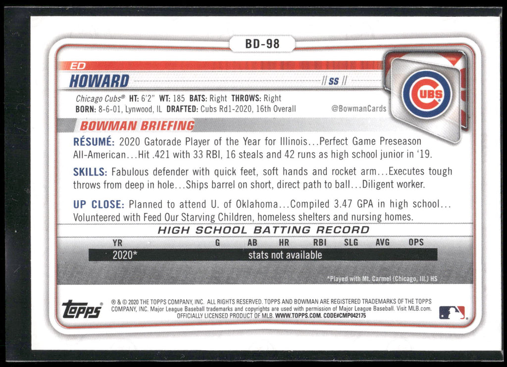2020 Bowman Draft #BD-98 Ed Howard
