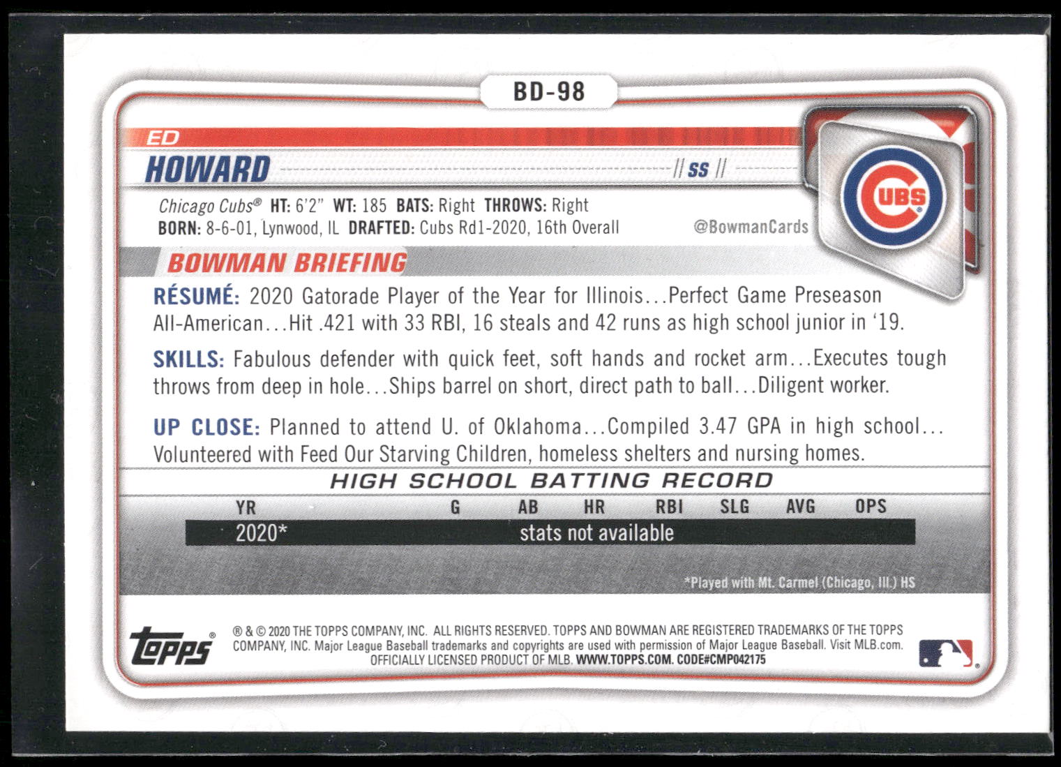 2020 Bowman Draft #BD-98 Ed Howard