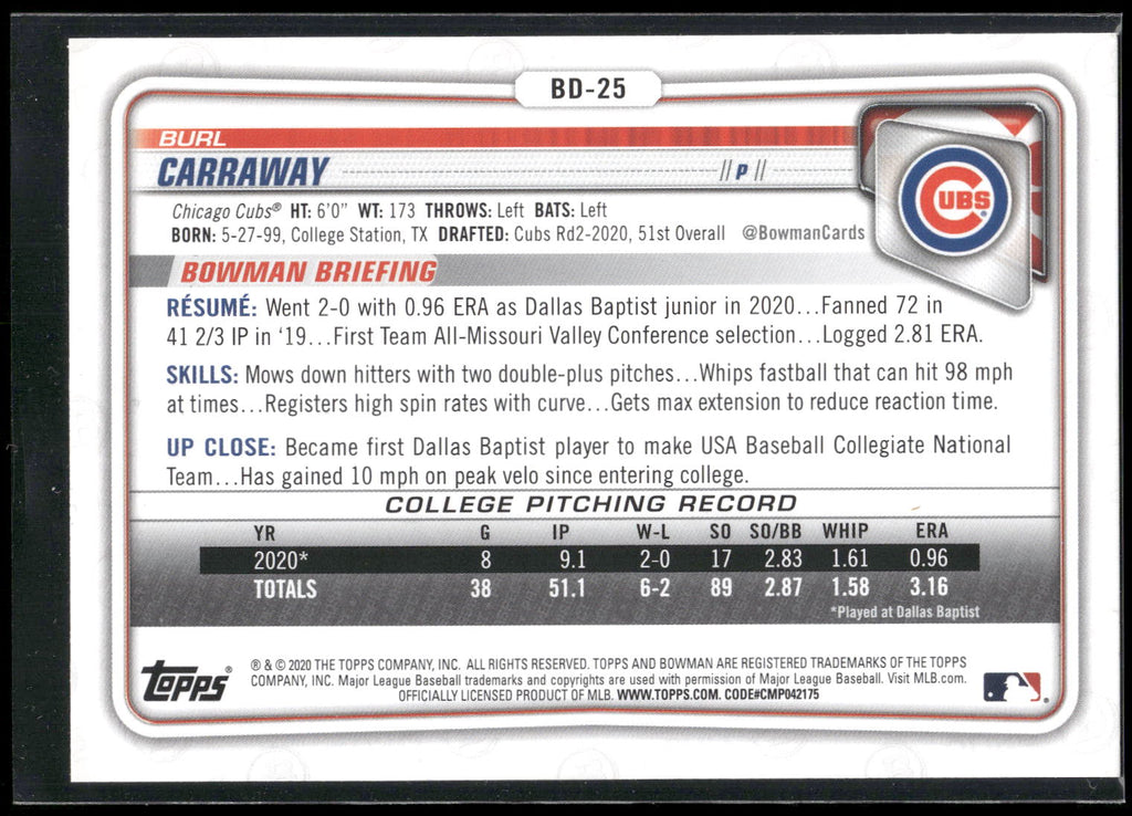 2020 Bowman Draft #BD-25 Burl Carraway