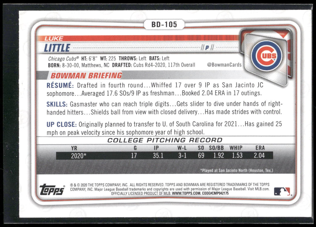 2020 Bowman Draft #BD-105 Luke Little