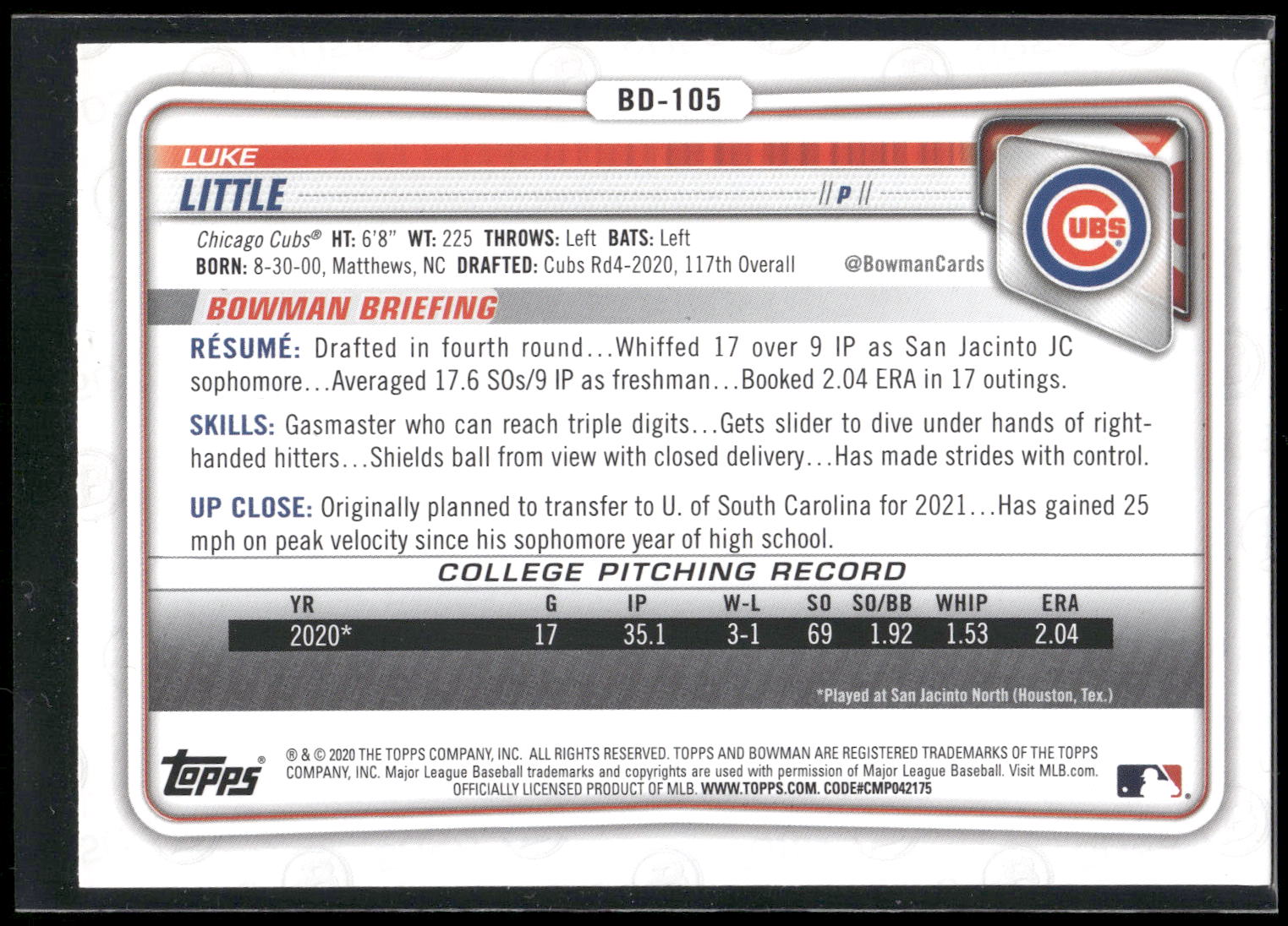 2020 Bowman Draft #BD-105 Luke Little