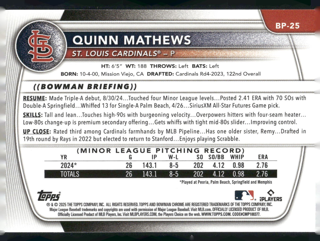 2025 Bowman #BP-25 Quinn Mathews Prospects