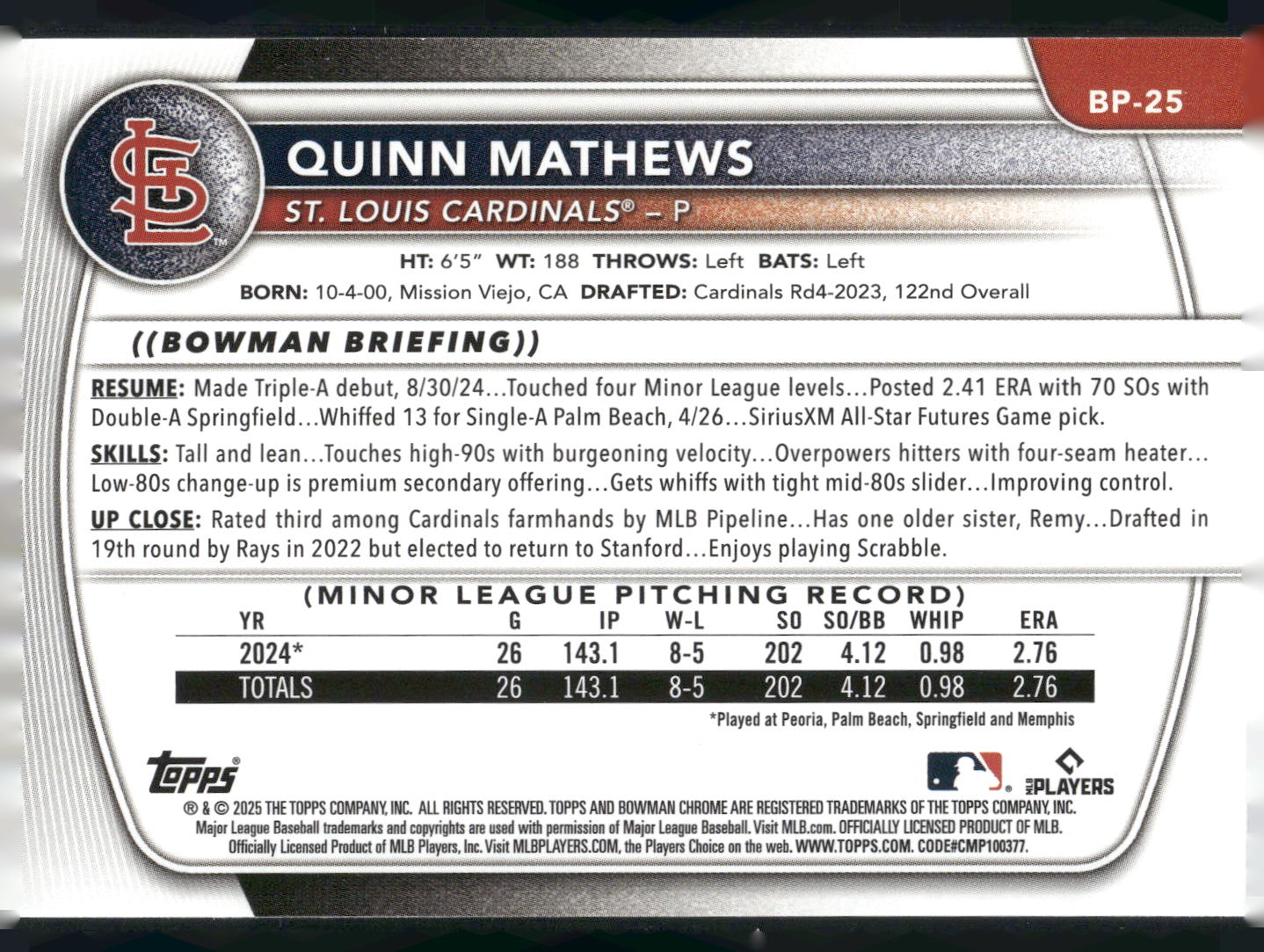 2025 Bowman #BP-25 Quinn Mathews Prospects