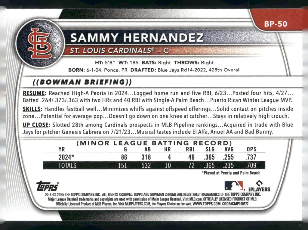 2025 Bowman #BP-50 Sammy Hernandez Prospects