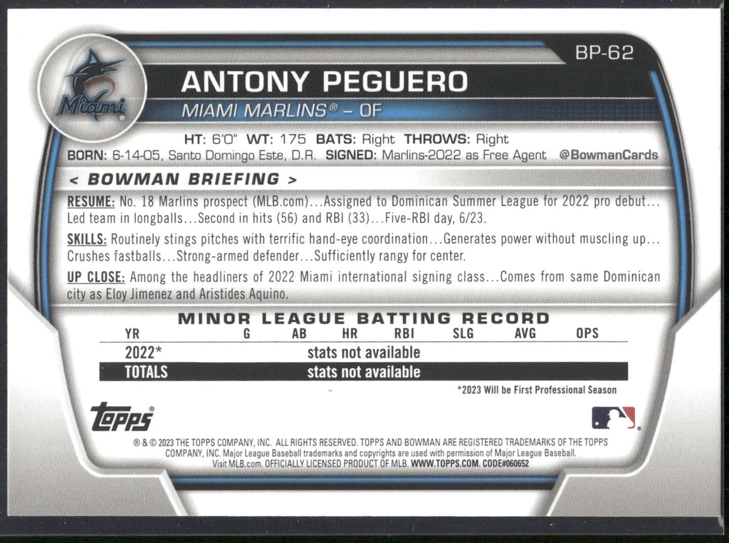 2023 Bowman #BP-62 Antony Peguero Prospects