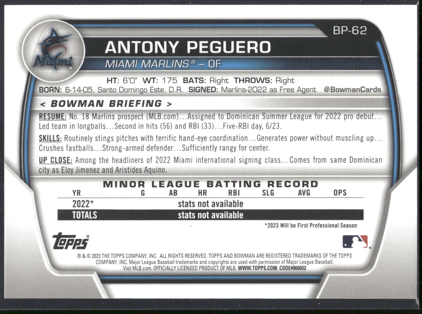 2023 Bowman #BP-62 Antony Peguero Prospects