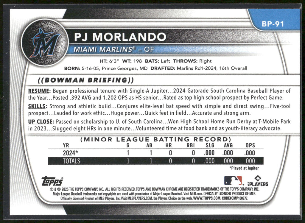 2025 Bowman #BP-91 PJ Morlando Prospects