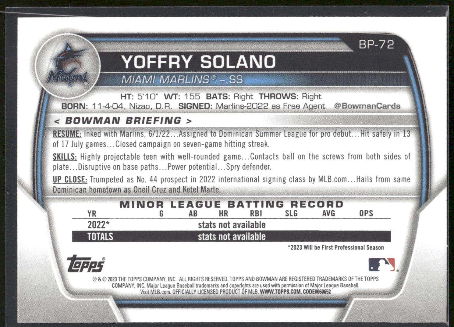 2023 Bowman #BP-72 Yoffry Solano Prospects