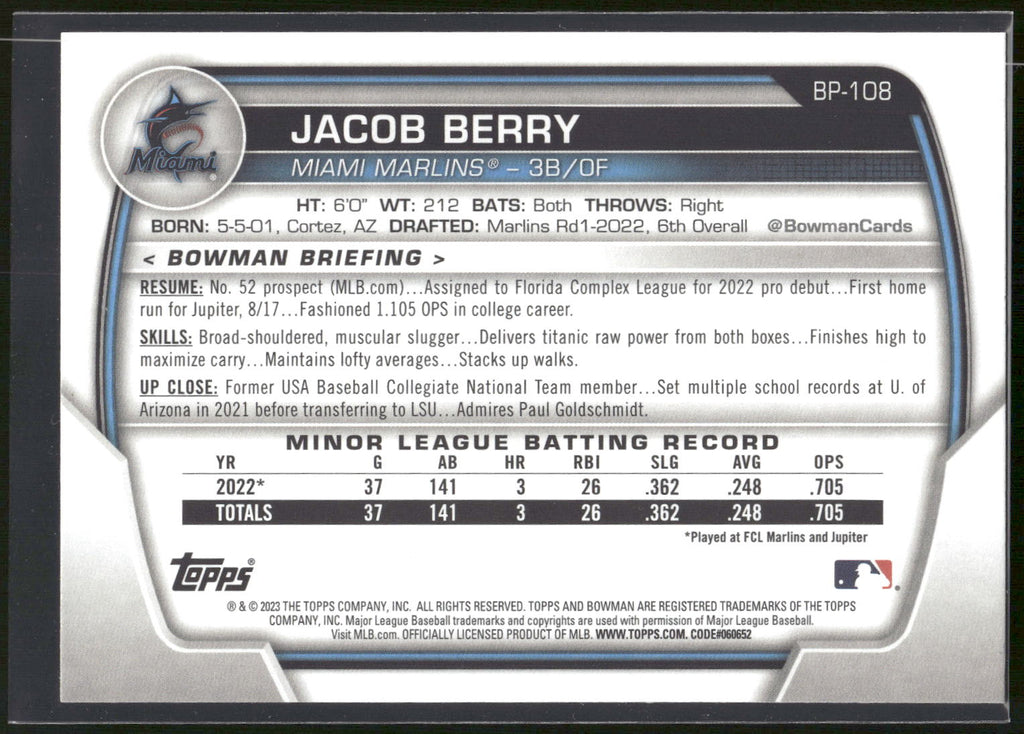 2023 Bowman #BP-108 Jacob Berry Prospects