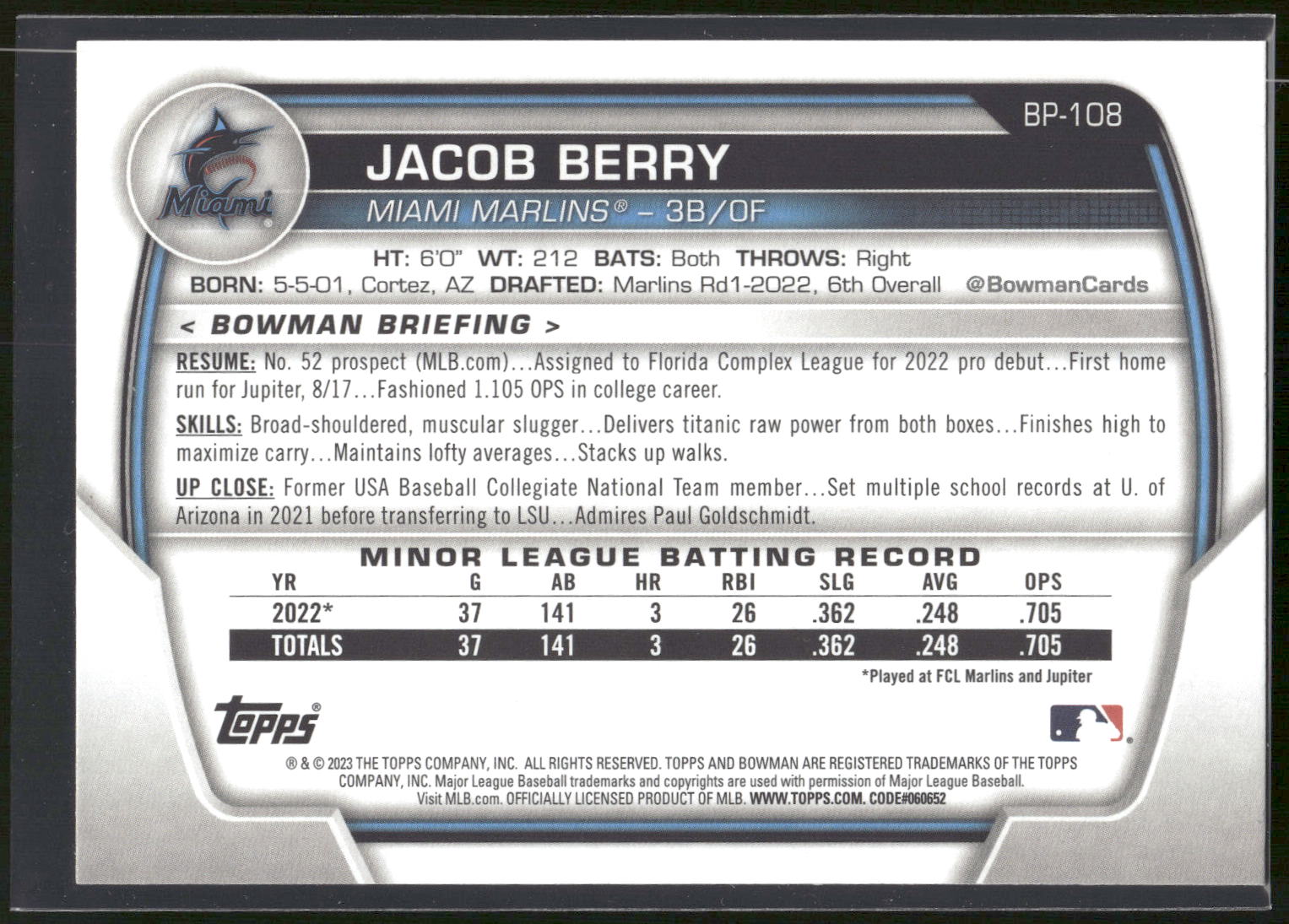 2023 Bowman #BP-108 Jacob Berry Prospects