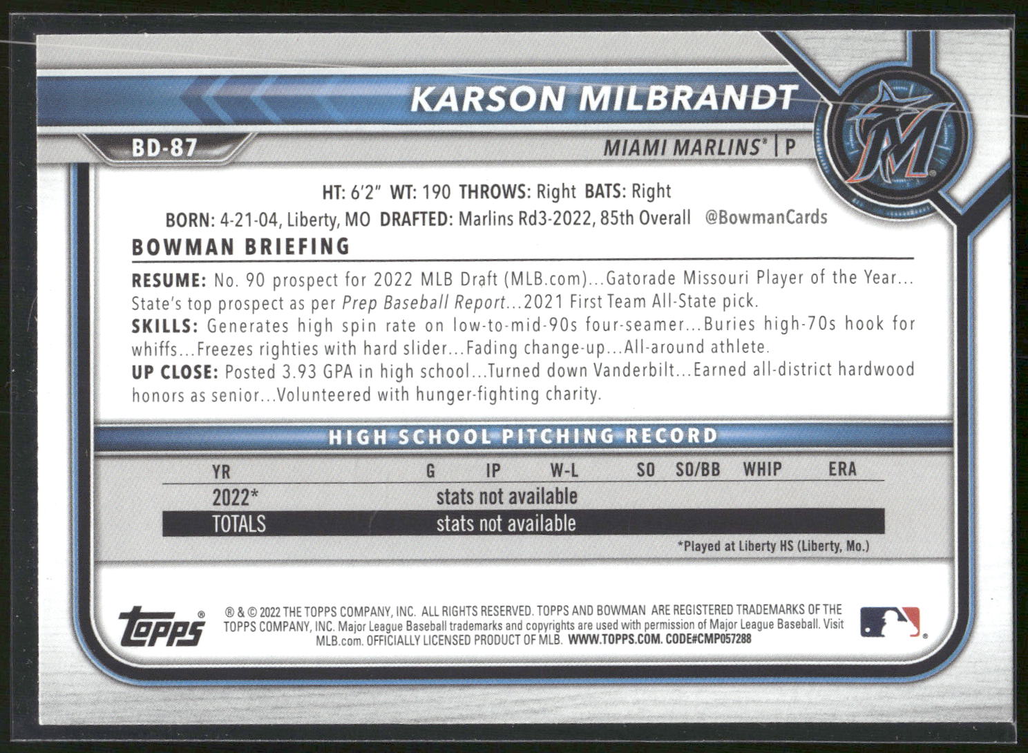 2022 Bowman Draft #BD-87 Karson Milbrandt
