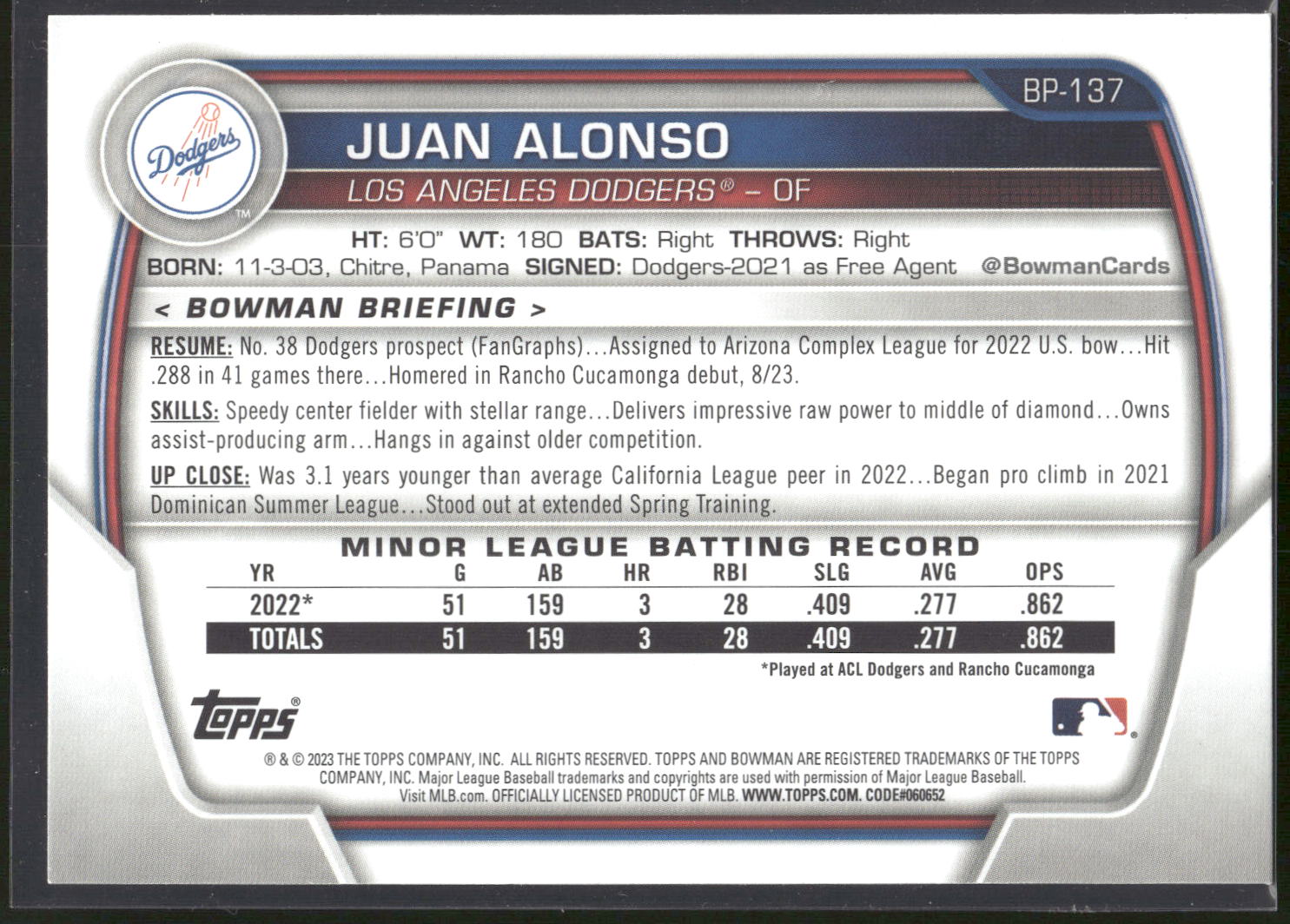 2023 Bowman #BP-137 Juan Alonso Prospects