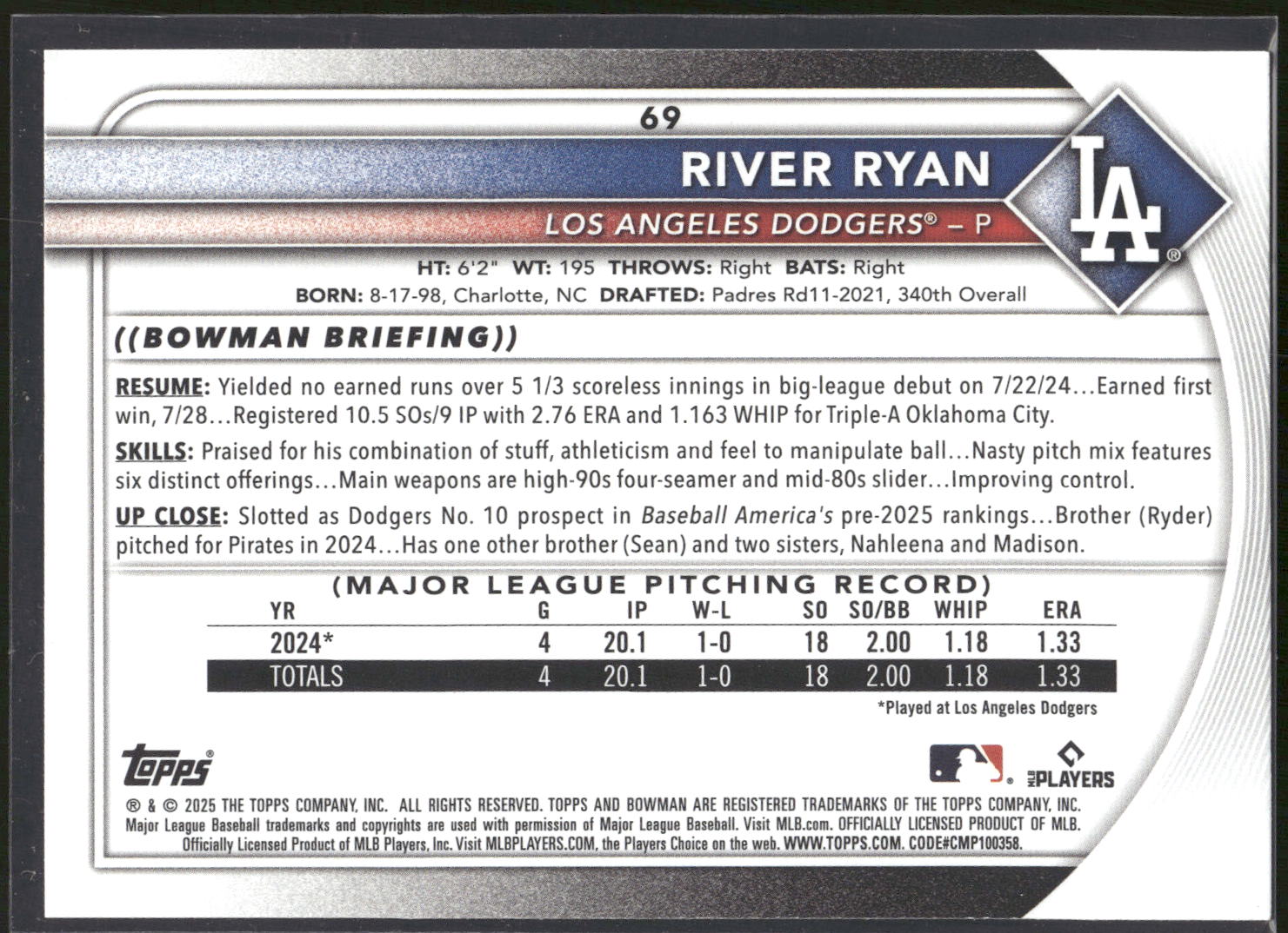 2025 Bowman #69 River Ryan