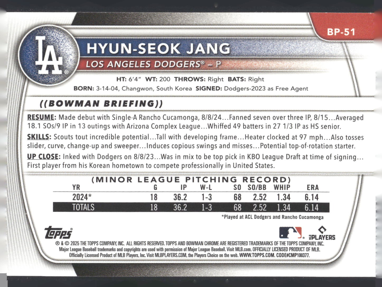 2025 Bowman #BP-51 Hyun-Seok Jang Prospects