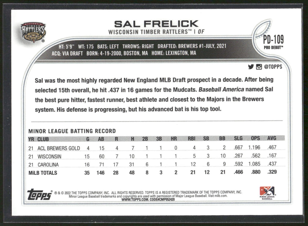 2022 Topps Pro Debut #PD-109 Sal Frelick