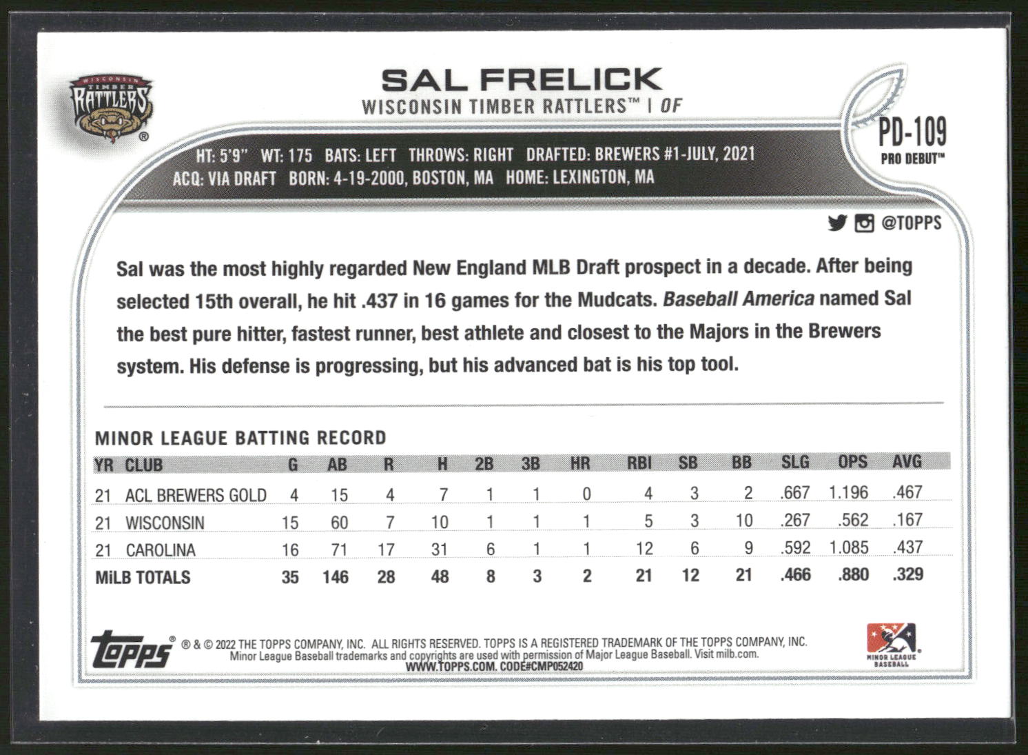 2022 Topps Pro Debut #PD-109 Sal Frelick
