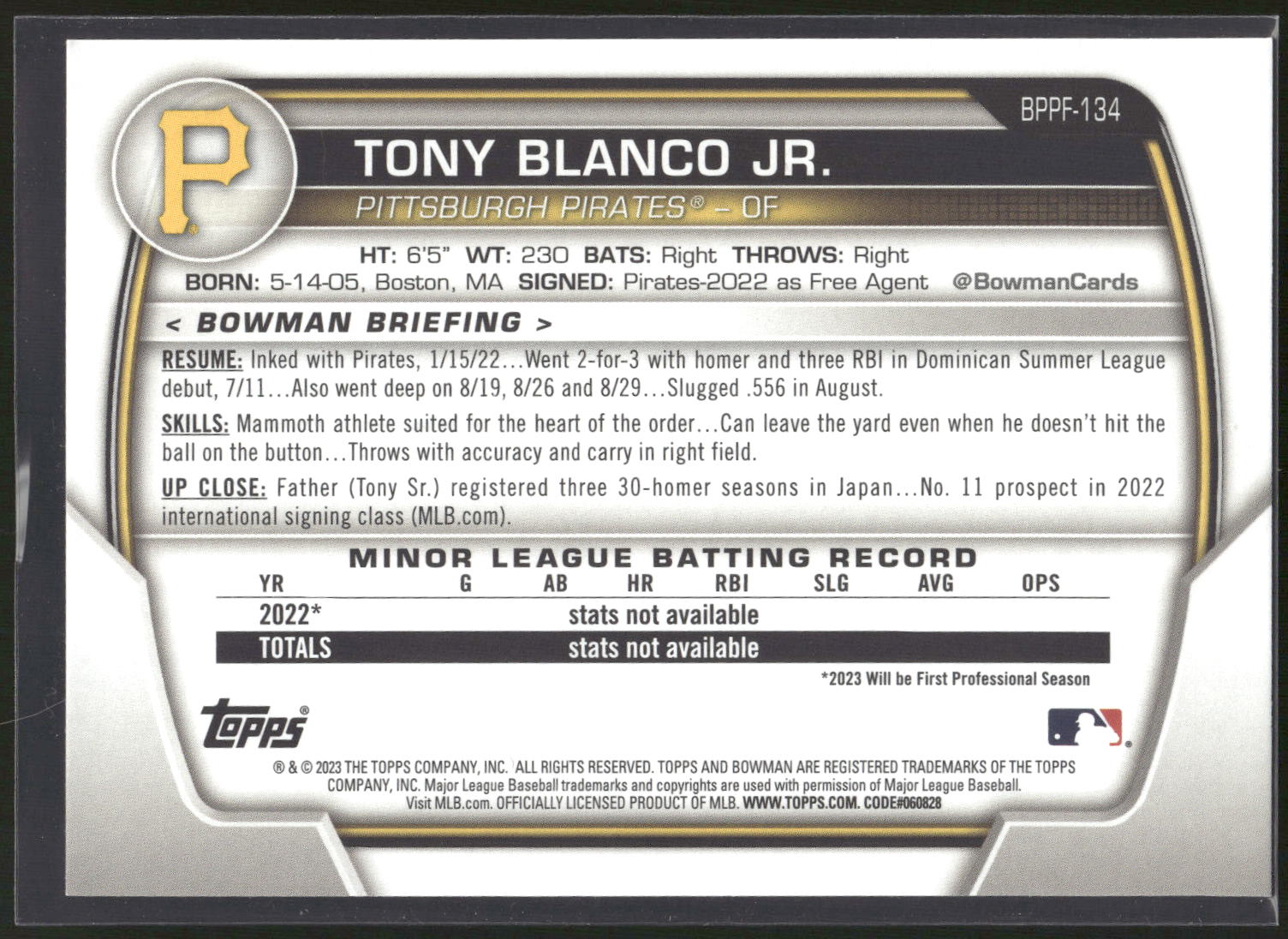2023 Bowman 1st Edition #BPPF-134 Tony Blanco Jr.