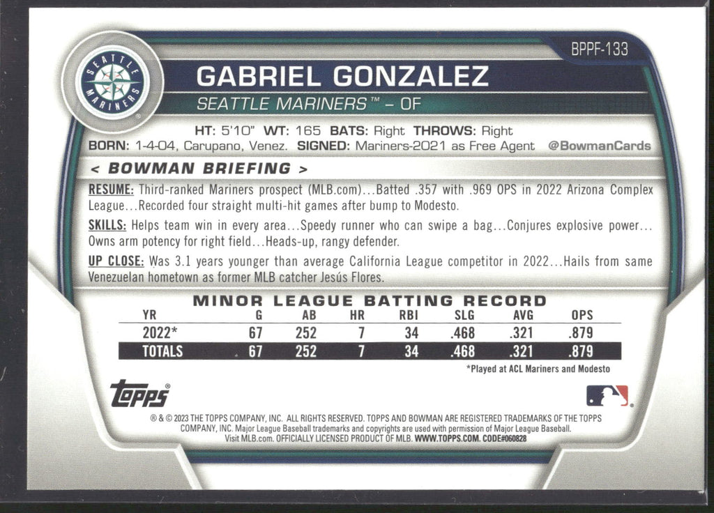 2023 Bowman 1st Edition #BPPF-133 Gabriel Gonzalez
