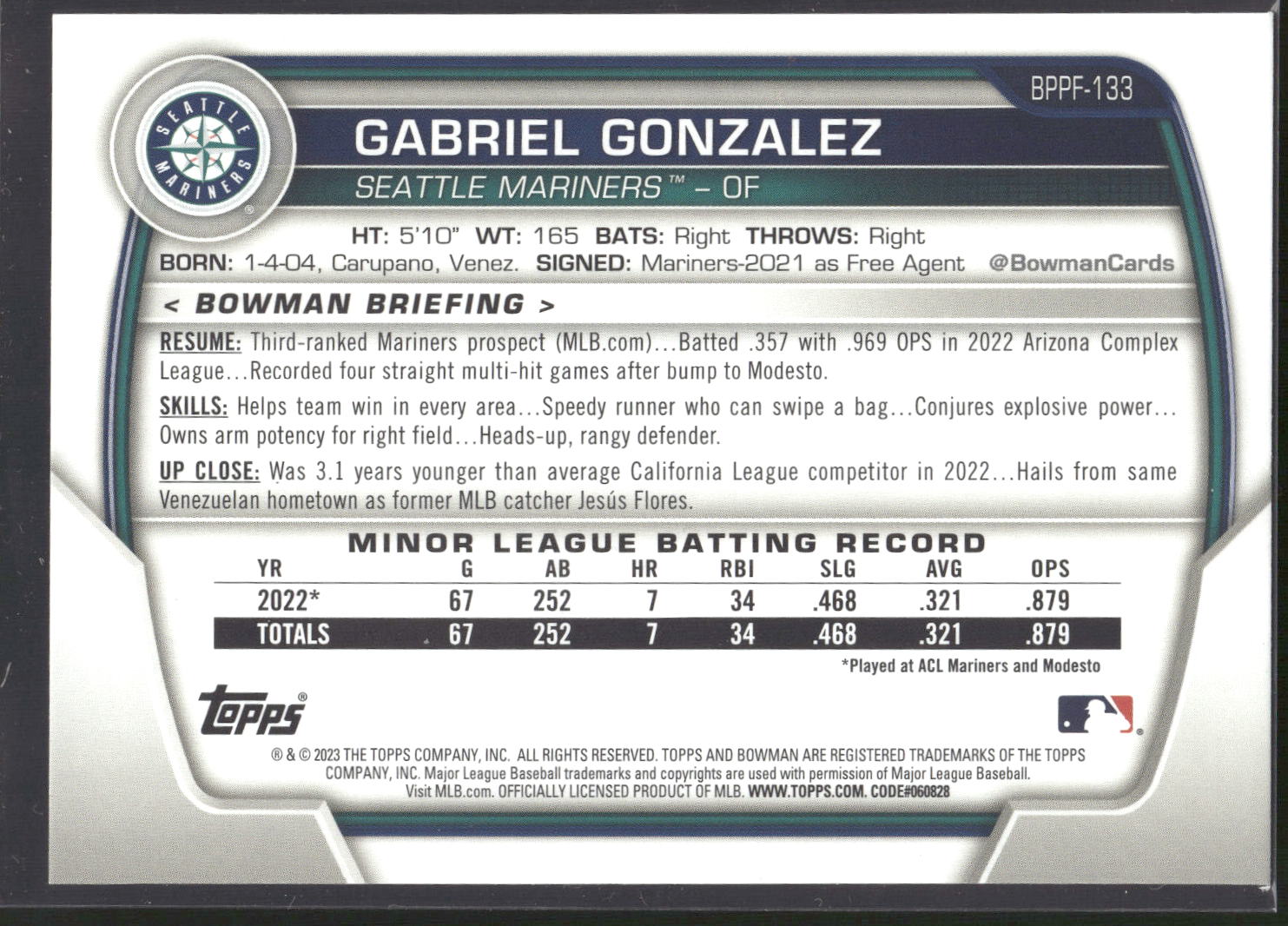 2023 Bowman 1st Edition #BPPF-133 Gabriel Gonzalez