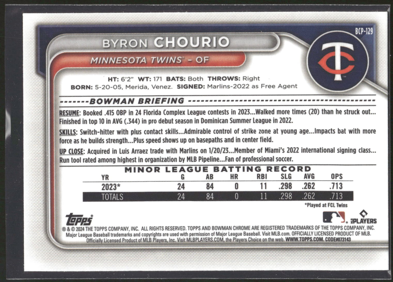 2024 Bowman #BCP-129 Byron Chourio Chrome Prospects