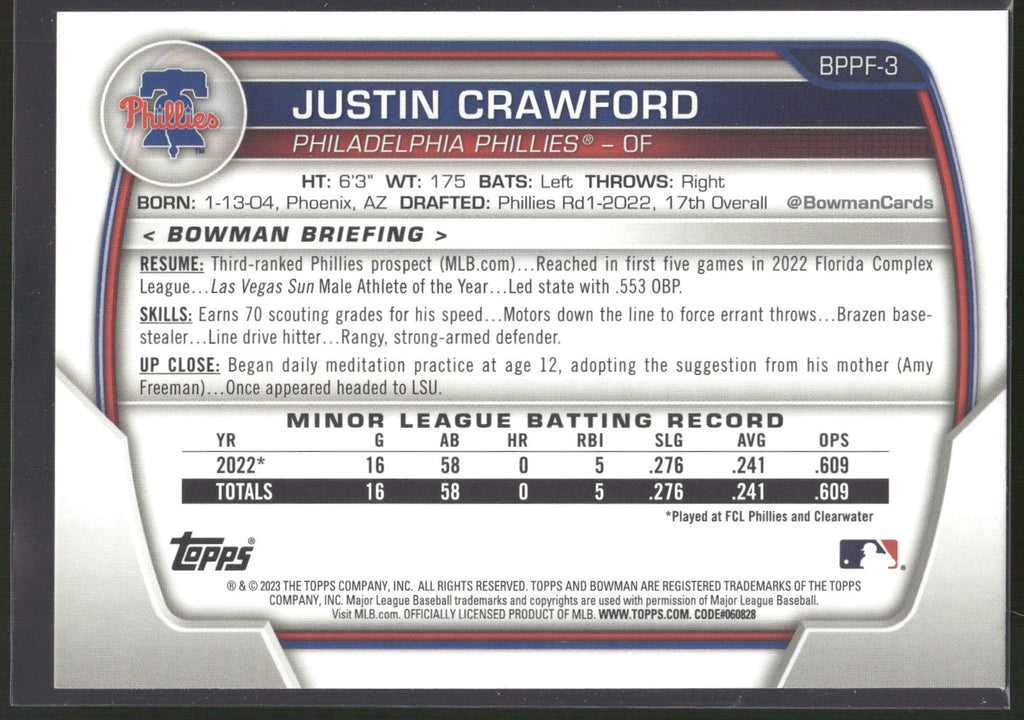 2023 Bowman 1st Edition #BPPF-3 Justin Crawford