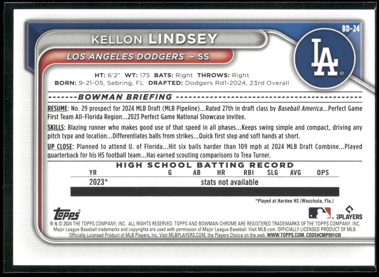 2024 Bowman Draft #BD-24 Kellon Lindsey