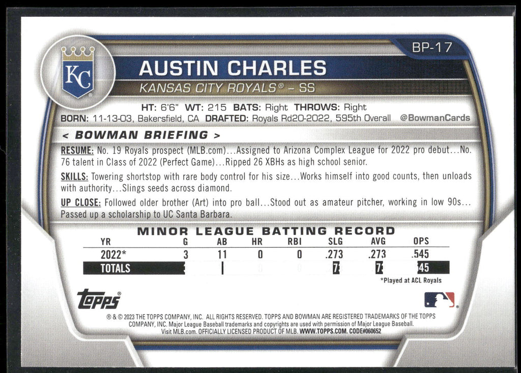 2023 Bowman #BP-17 Austin Charles Prospects