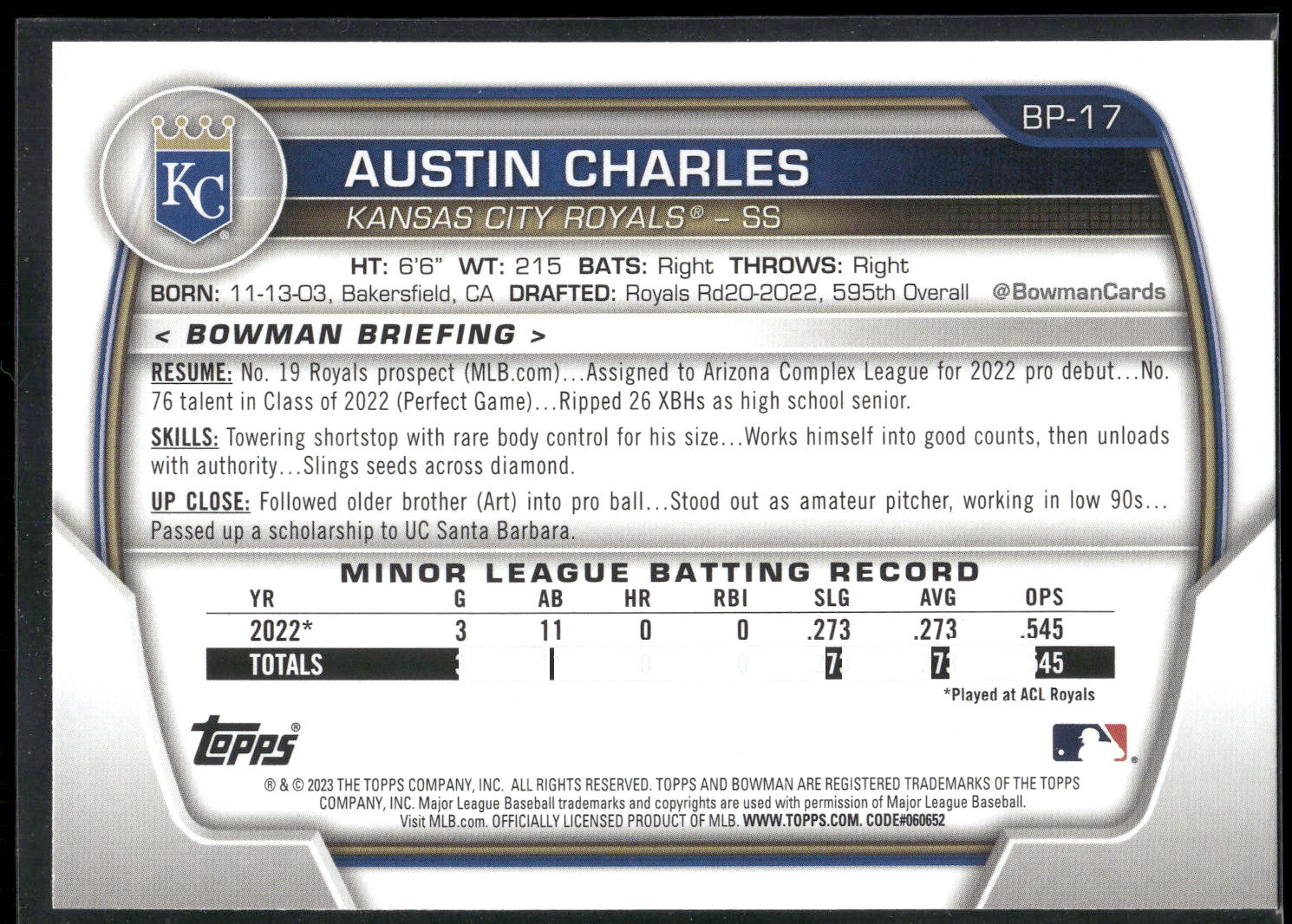 2023 Bowman #BP-17 Austin Charles Prospects
