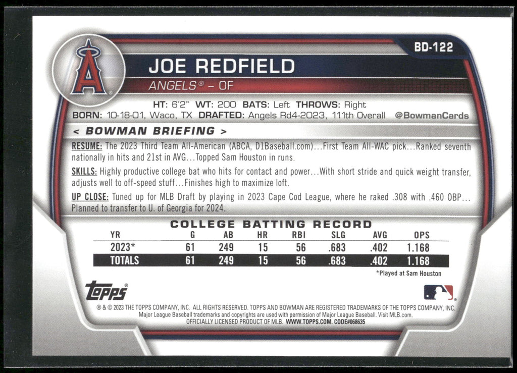 2023 Bowman Draft #BD-122 Joe Redfield