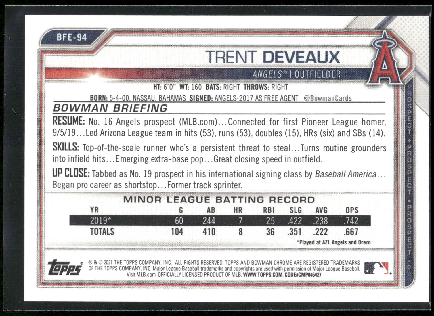 2021 Bowman 1st Edition #BFE-94 Trent Deveaux