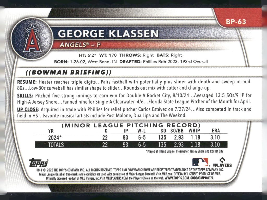 2025 Bowman #BP-63 George Klassen Prospects