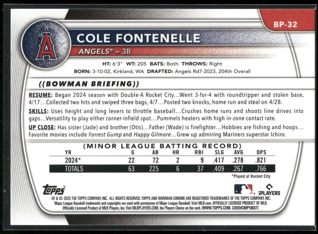 2025 Bowman #BP-32 Cole Fontenelle Prospects