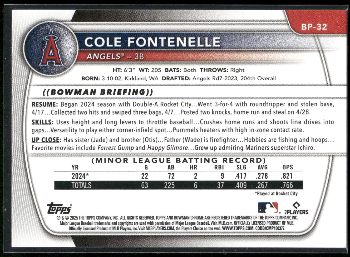 2025 Bowman #BP-32 Cole Fontenelle Prospects
