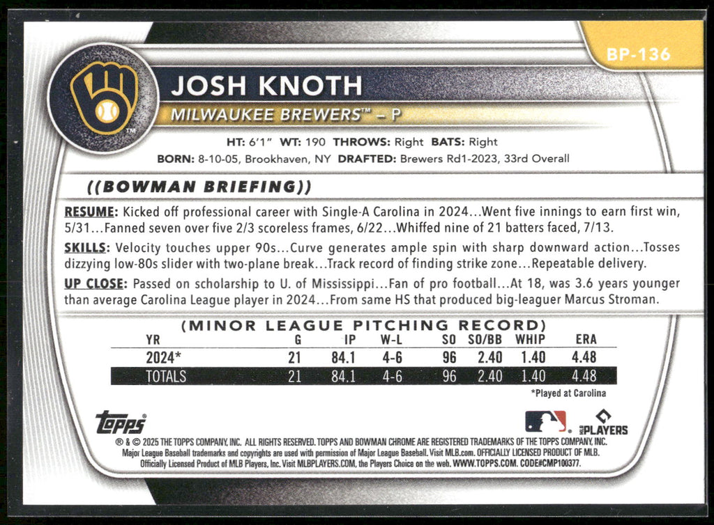 2025 Bowman #BP-136 Josh Knoth Prospects