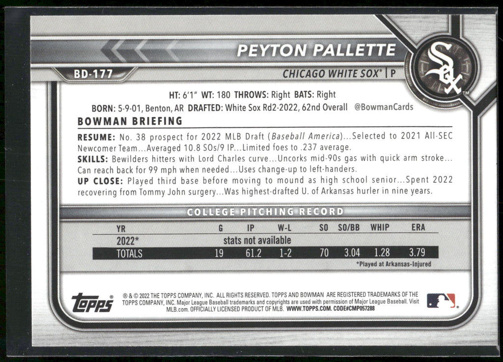 2022 Bowman Draft #BD-177 Peyton Pallette