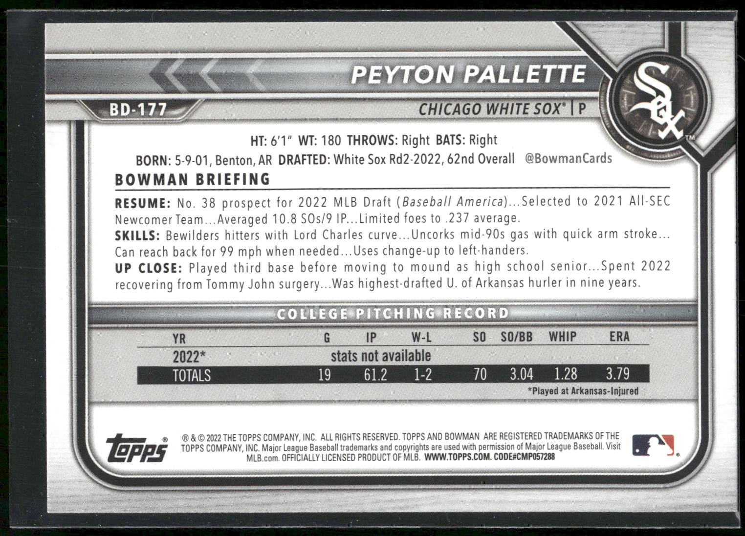 2022 Bowman Draft #BD-177 Peyton Pallette