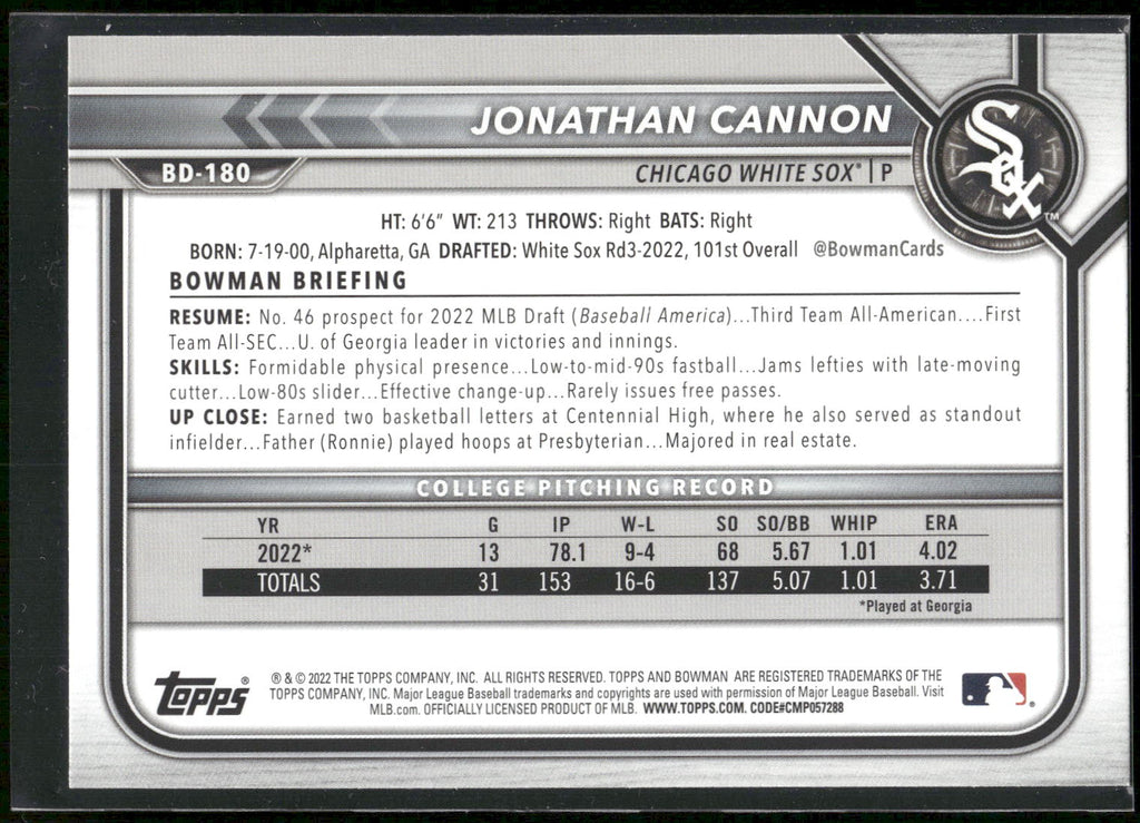 2022 Bowman Draft #BD-180 Jonathan Cannon
