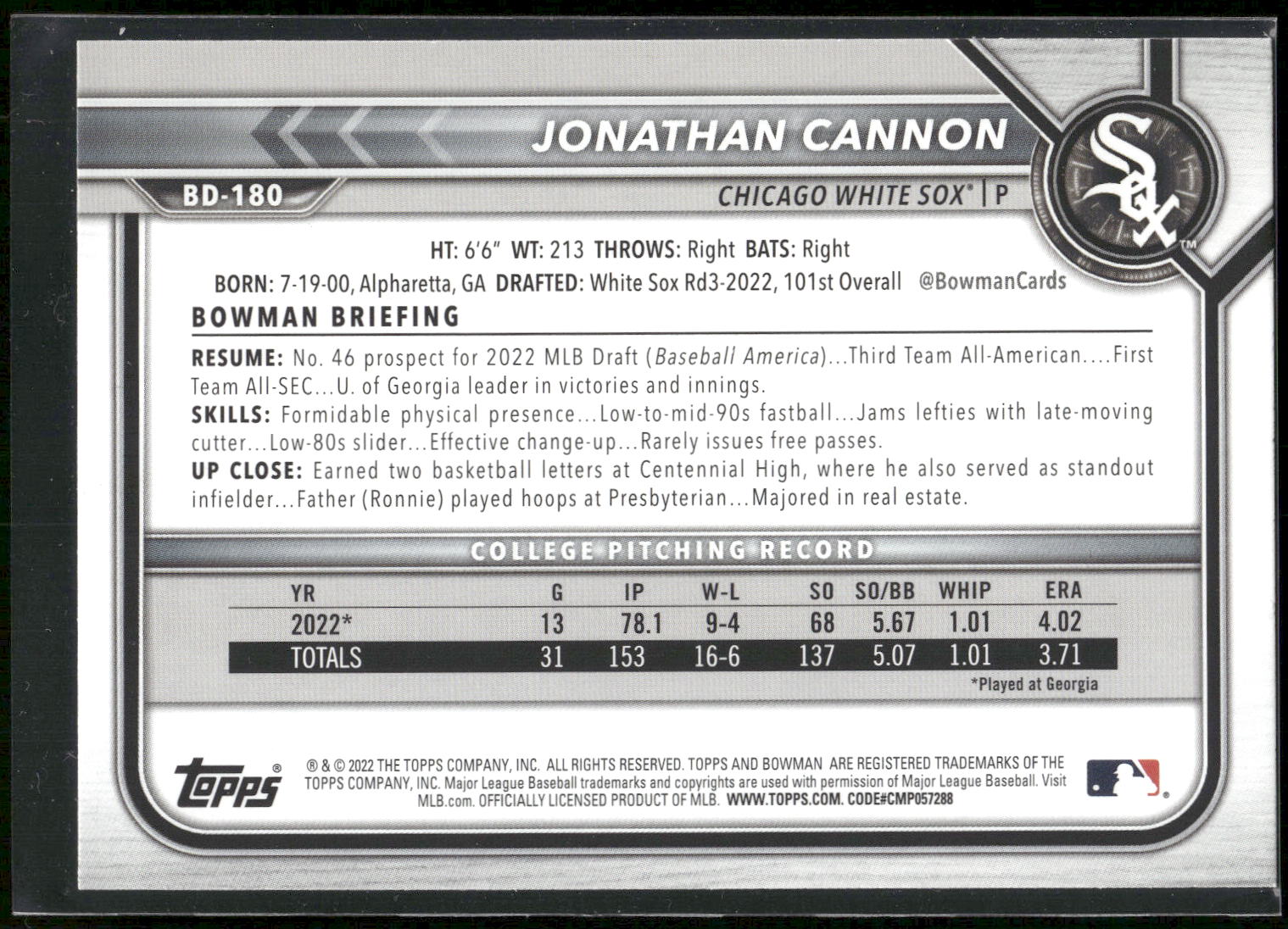 2022 Bowman Draft #BD-180 Jonathan Cannon