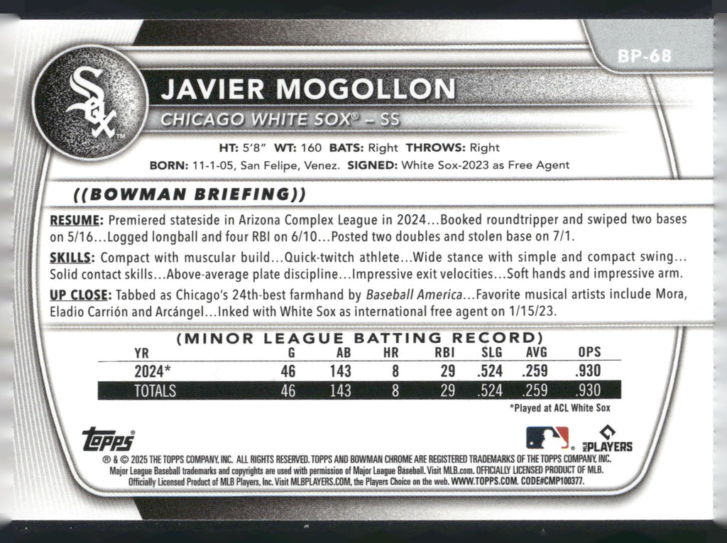 2025 Bowman #BP-68 Javier Mogollon Prospects